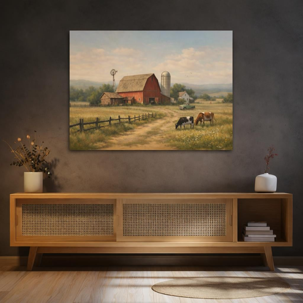 Vintage Farm Landscape shown as canvas wall art in a refined dining room