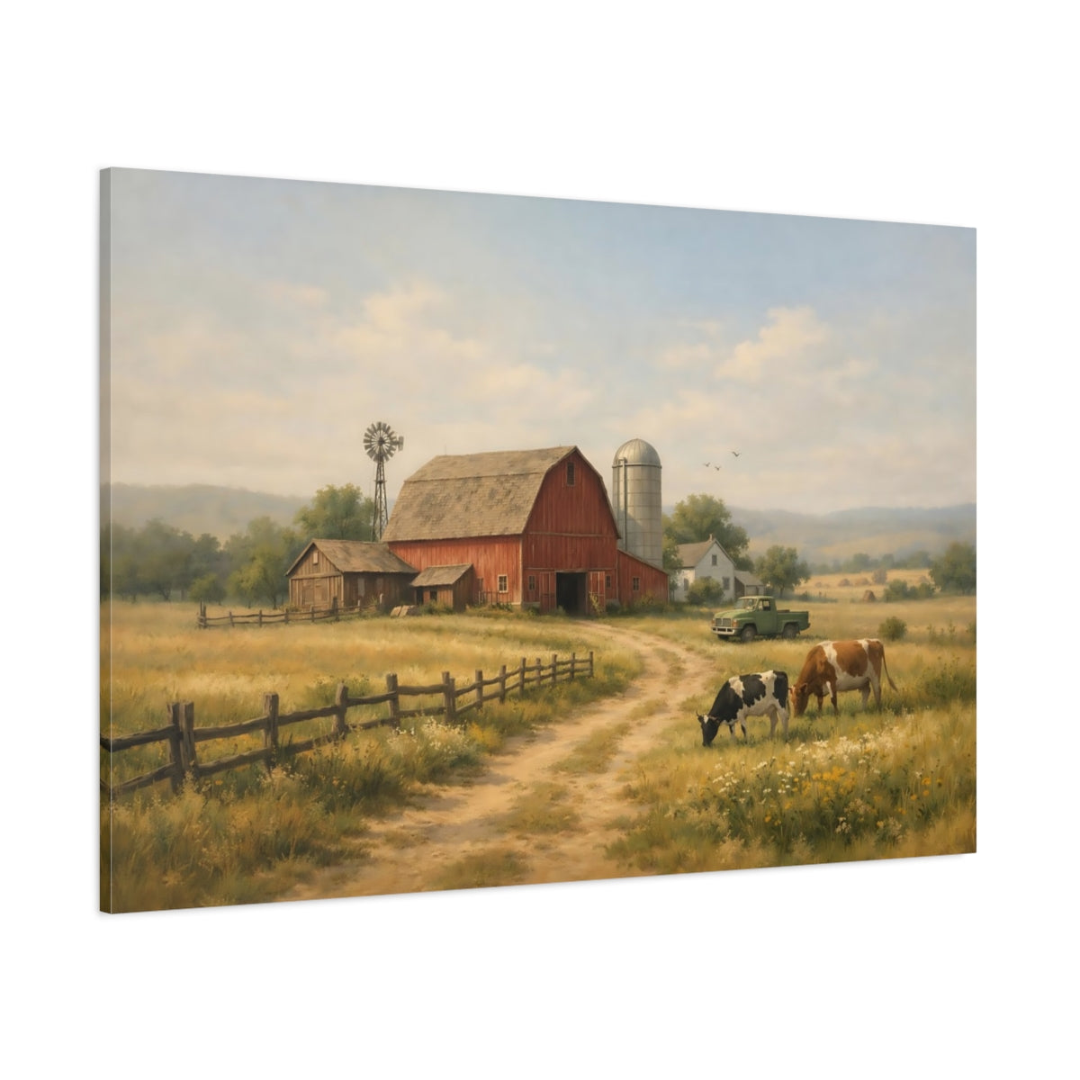 Vintage Farm Landscape shown as stretched canvas wall art