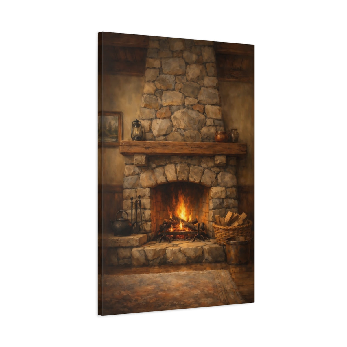 Side Mockup 1. Vintage Fireplace Rustic Fireplace shown as stretched canvas wall art