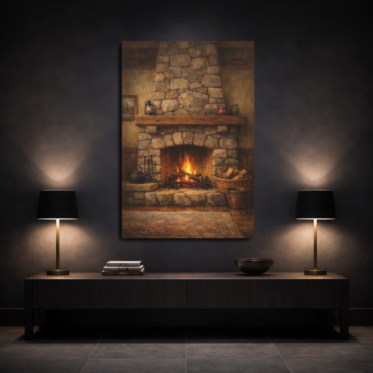 Mockup 2. Vintage Fireplace Rustic Fireplace shown as stretched canvas wall art