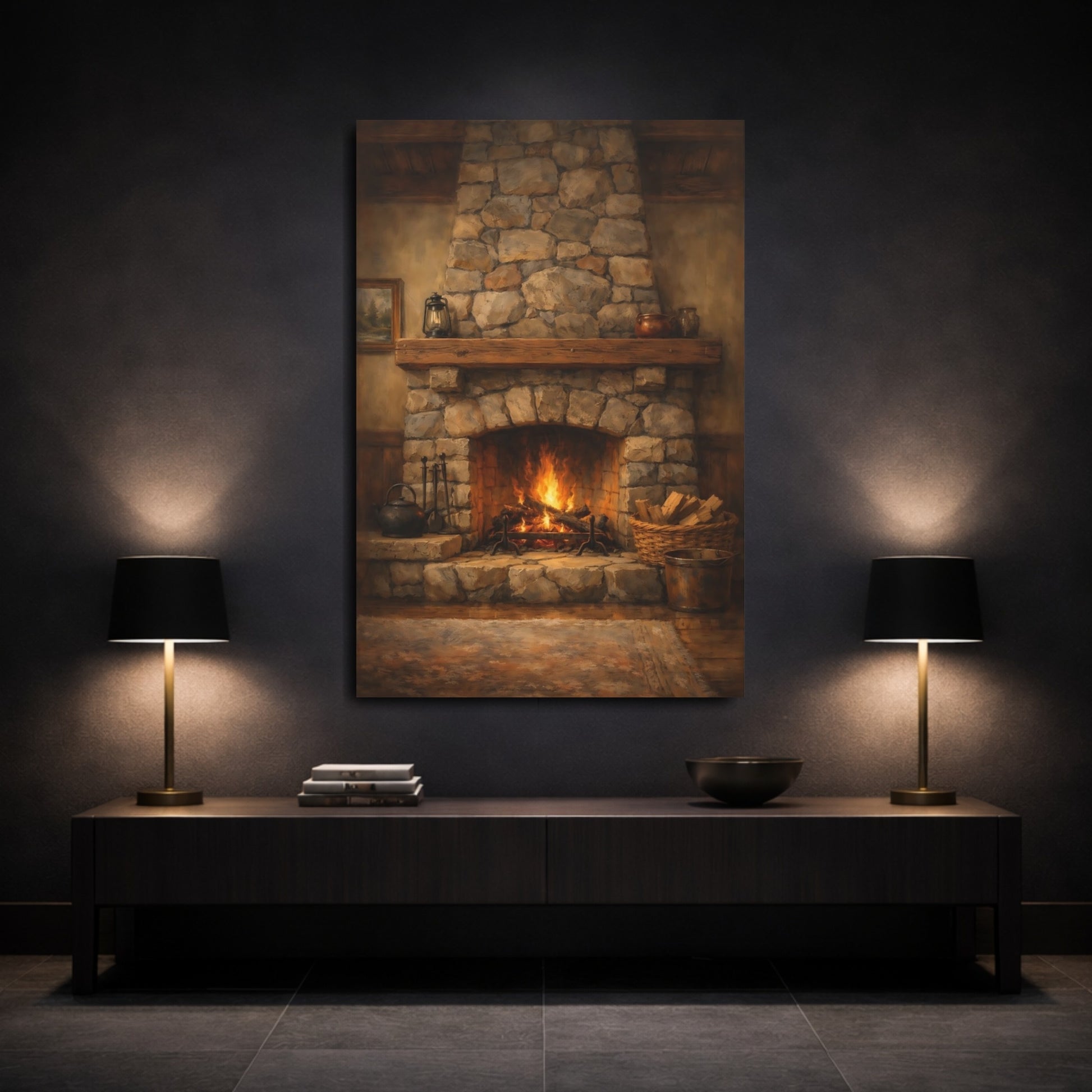Mockup 2. Vintage Fireplace Rustic Fireplace shown as stretched canvas wall art