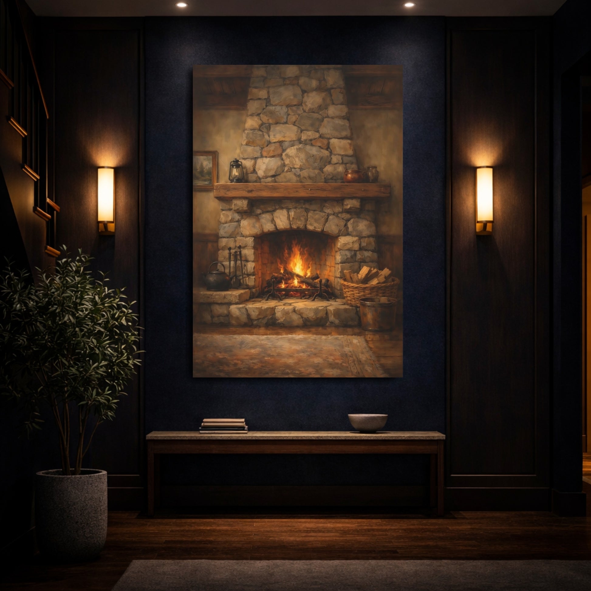 Mockup 3. Vintage Fireplace Rustic Fireplace shown as stretched canvas wall art