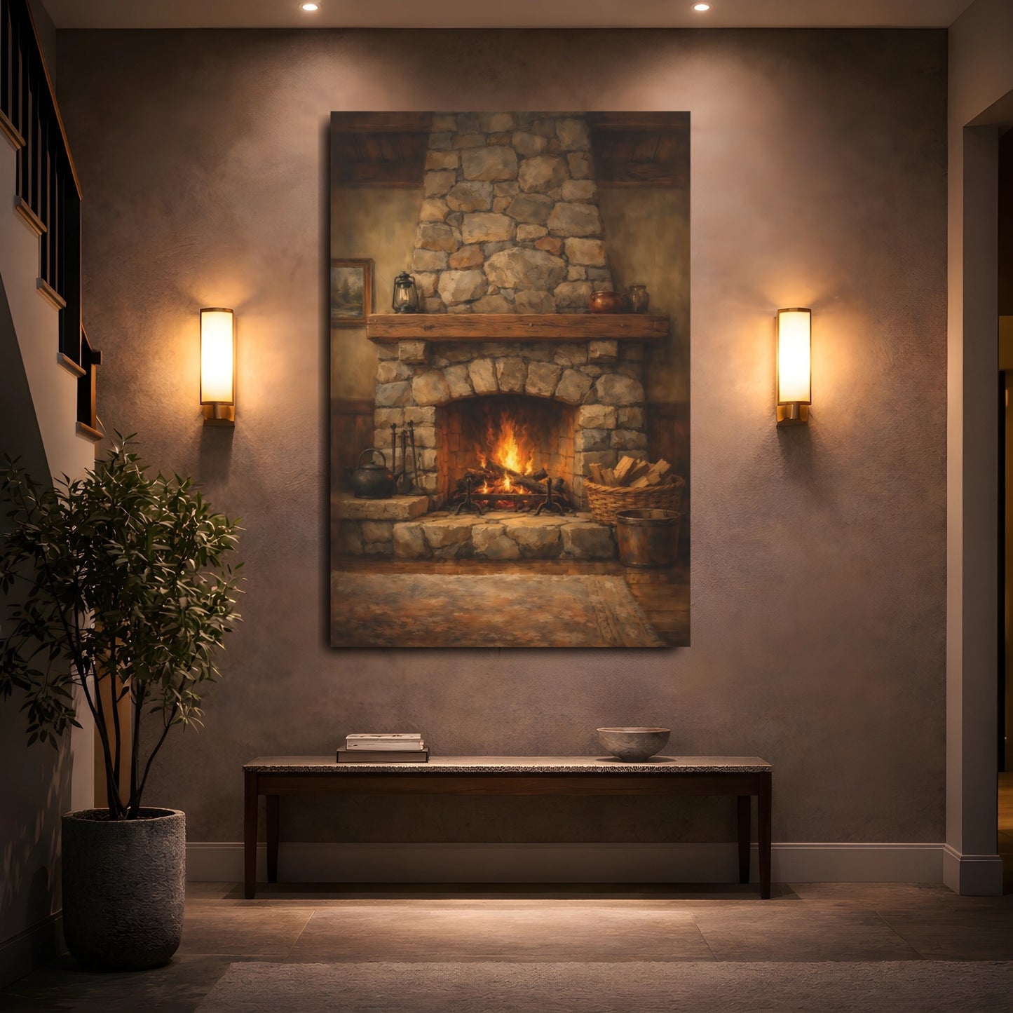 Mockup 4. Vintage Fireplace Rustic Fireplace shown as stretched canvas wall art