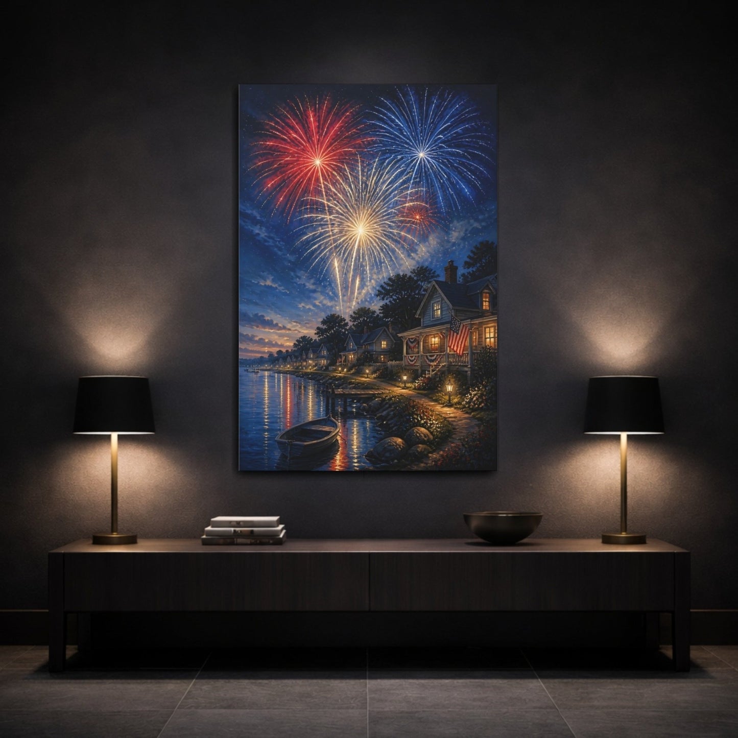 Vintage Fireworks Red White Blue Canvas Print – Living Room, Above Couch - YesArtYes