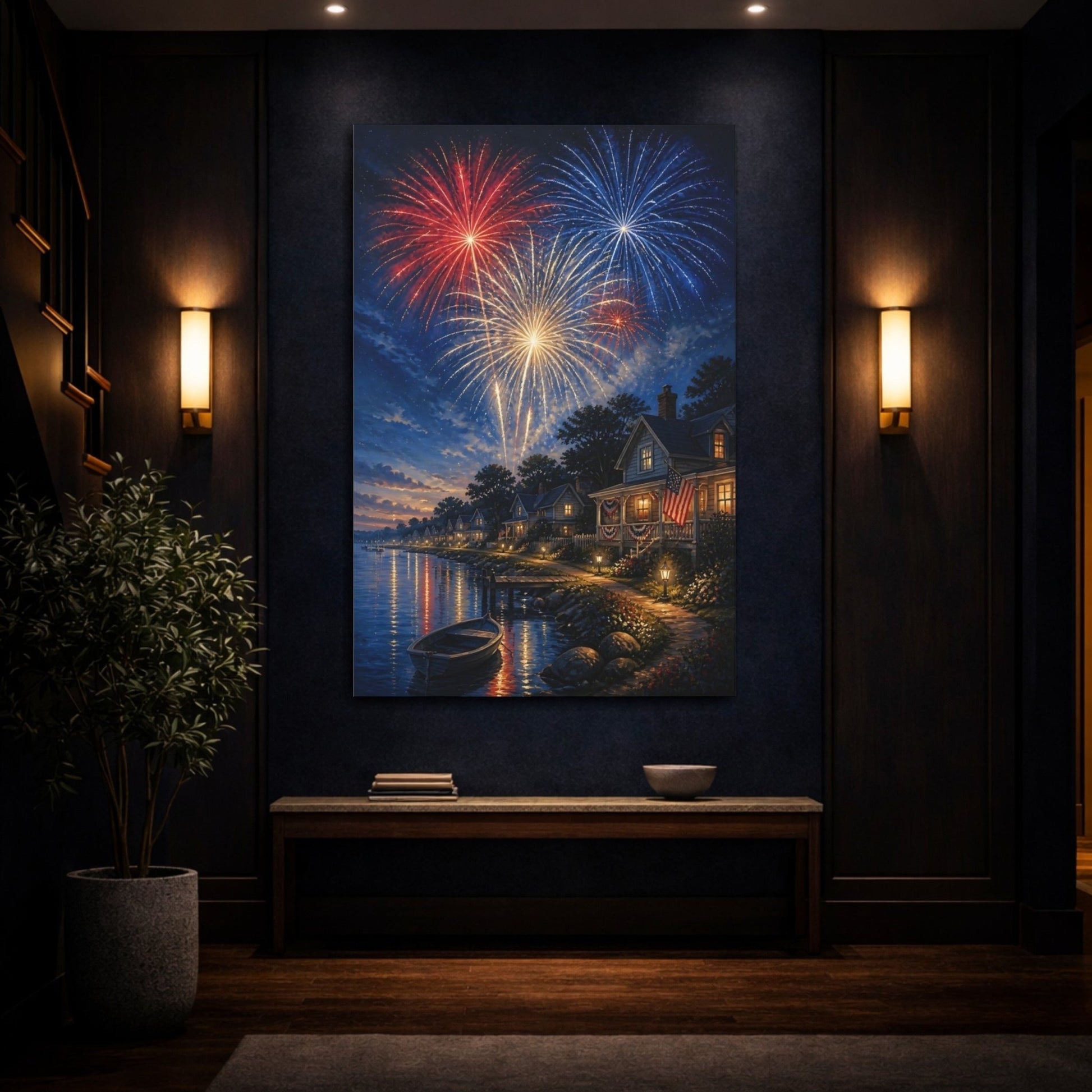 Vintage Fireworks Red White Blue Canvas Print – Living Room, Above Couch - YesArtYes