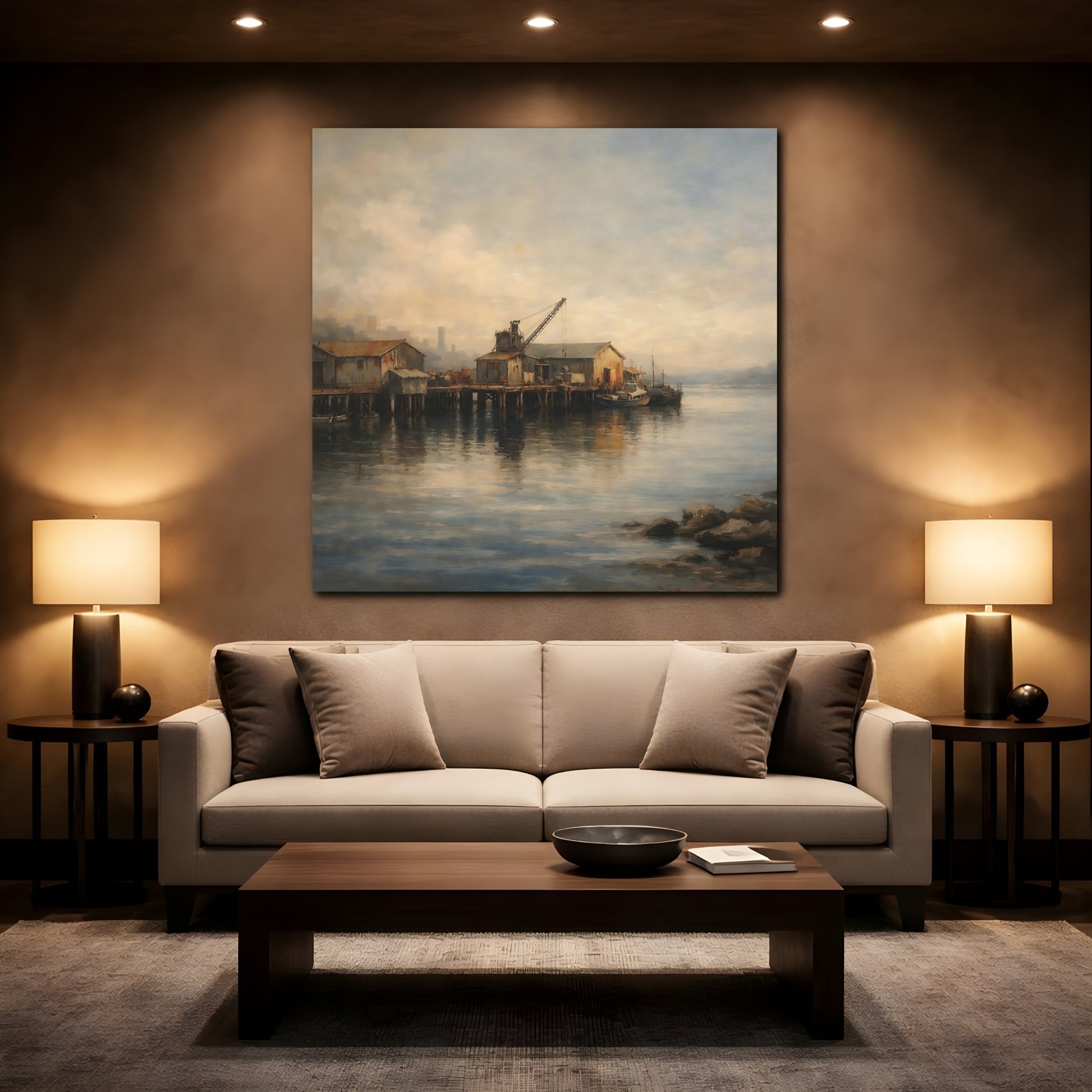 Mockup 2. Vintage Fishing Pier Muted Coastal shown as stretched canvas wall art