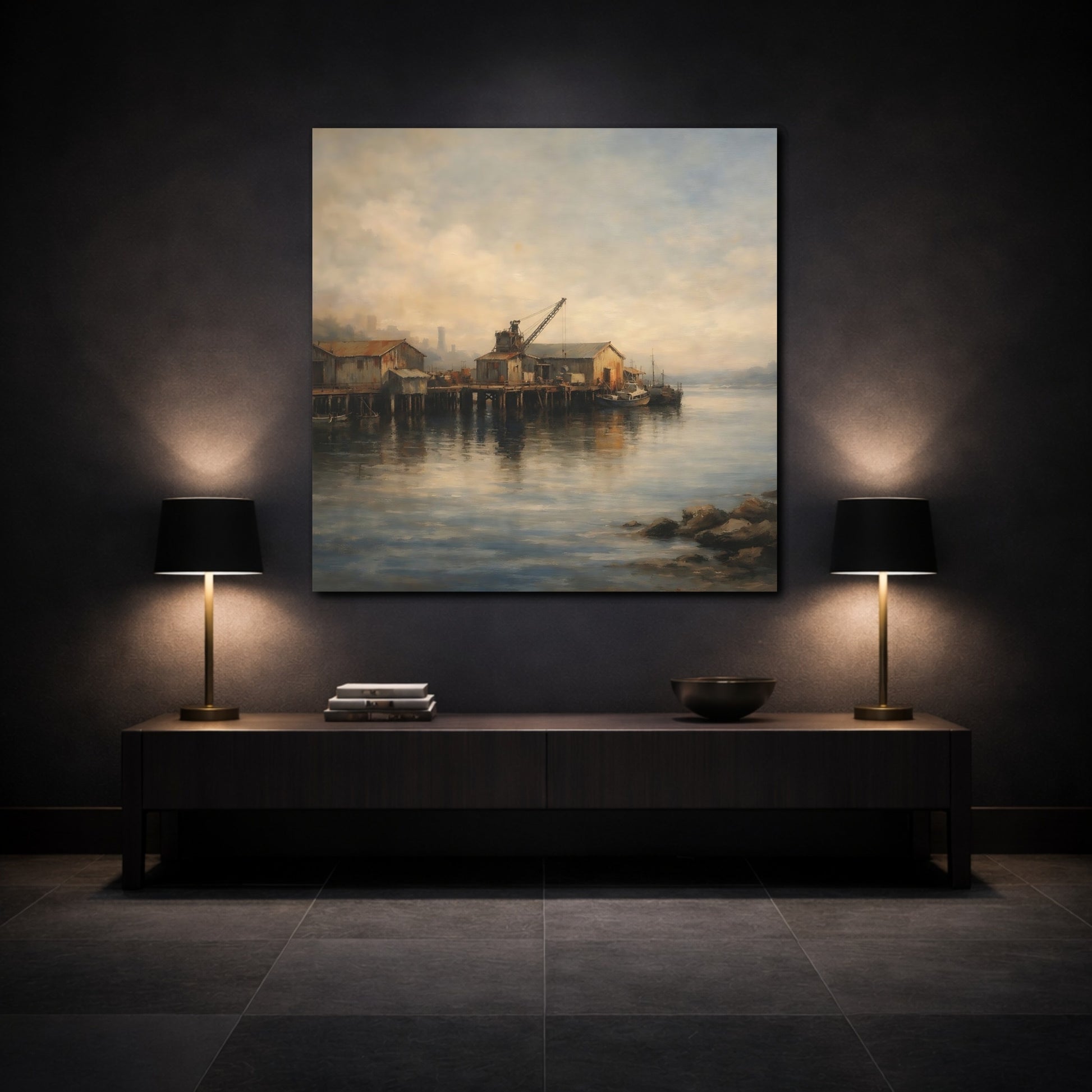 Mockup 3. Vintage Fishing Pier Muted Coastal shown as stretched canvas wall art
