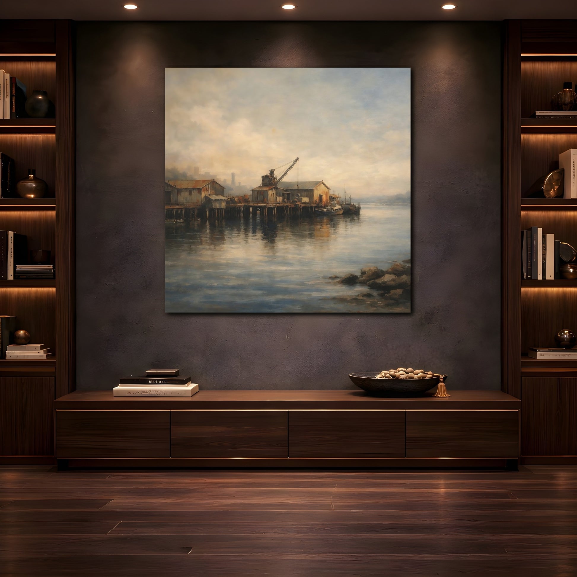 Mockup 4. Vintage Fishing Pier Muted Coastal shown as stretched canvas wall art