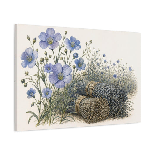 Main Mockup. Vintage Flax Flowers shown as canvas print