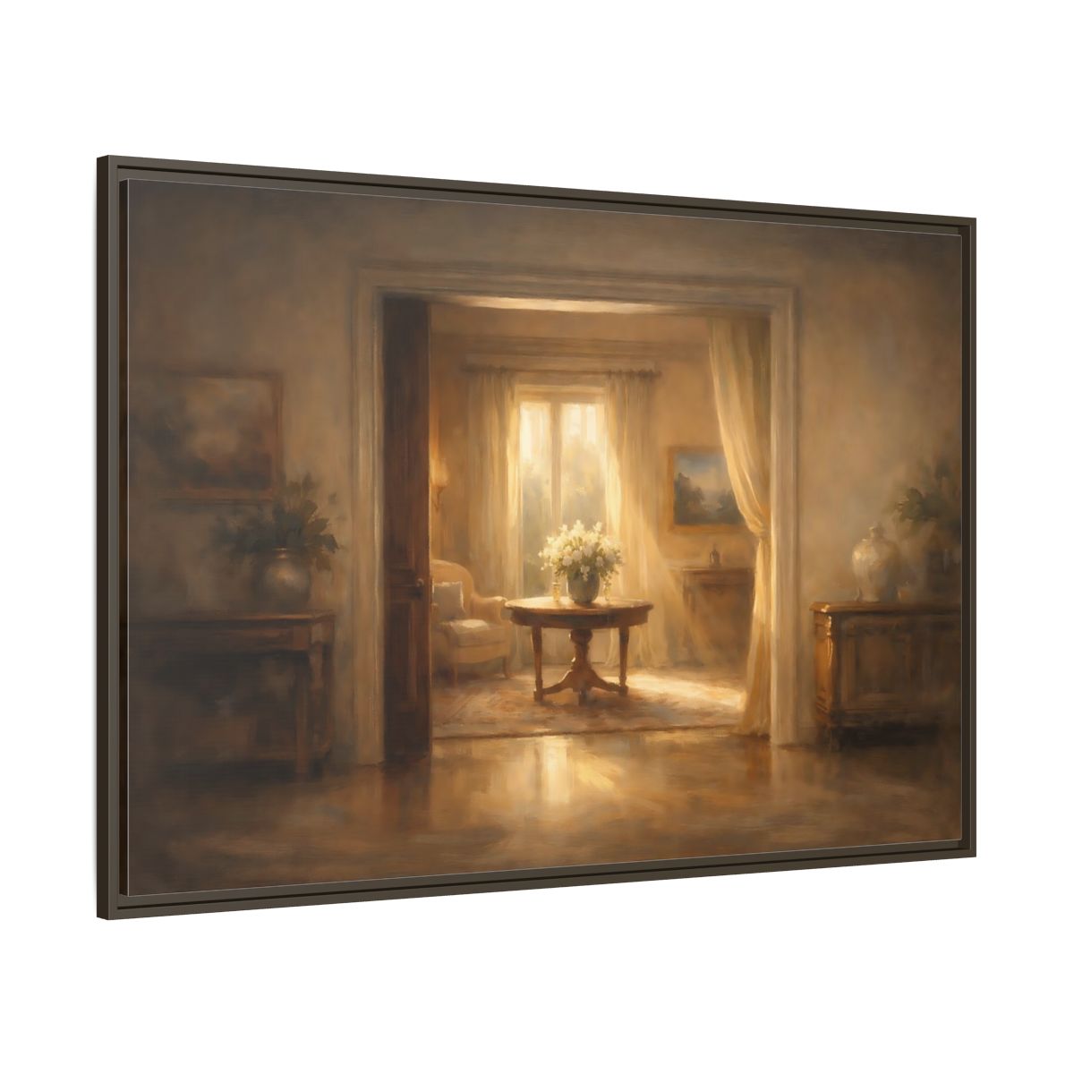 Main Mockup. Vintage Floral Arrangement Golden Interior shown as stretched canvas wall art