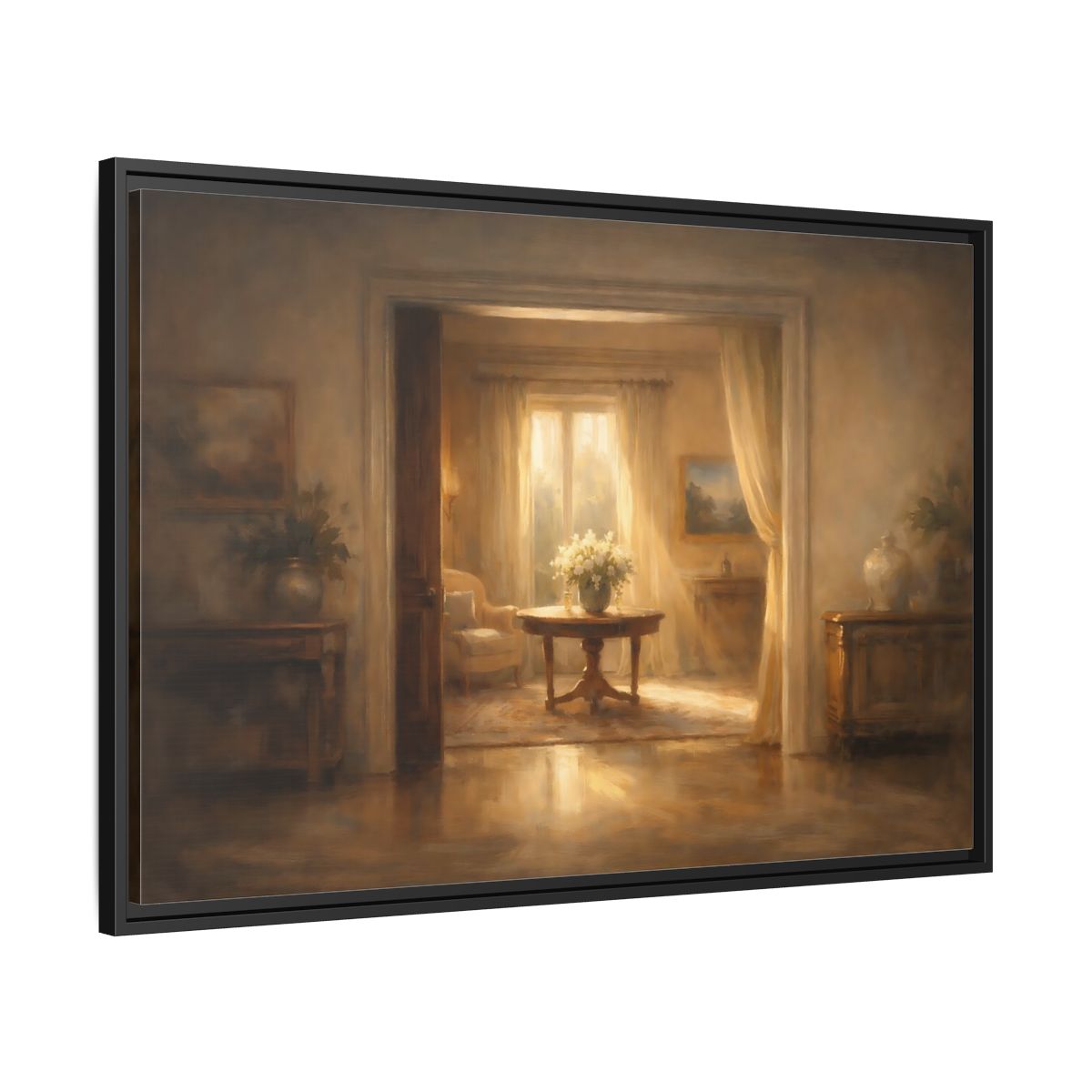 Side Mockup 13. Vintage Floral Arrangement Golden Interior shown as stretched canvas wall art