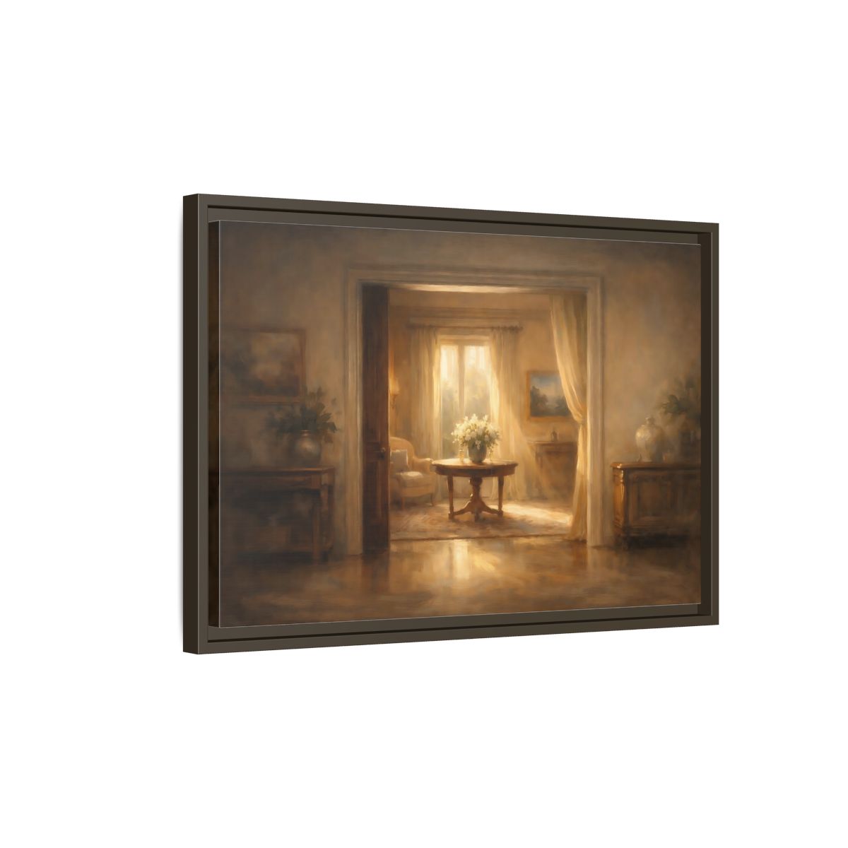 Side Mockup 2. Vintage Floral Arrangement Golden Interior shown as stretched canvas wall art