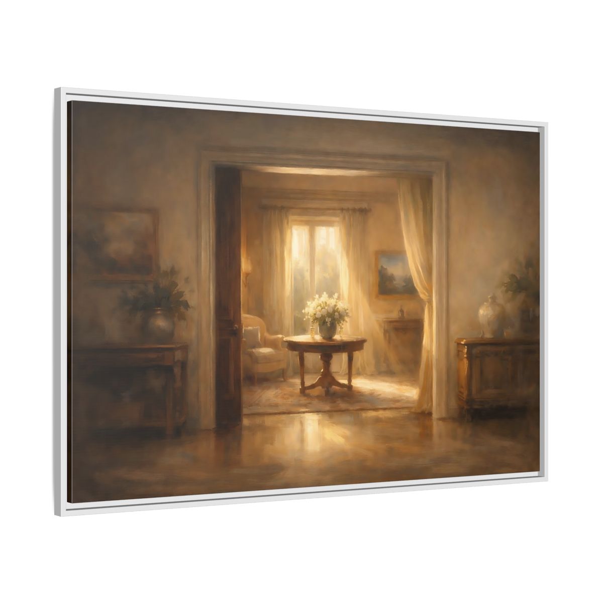 Side Mockup 7. Vintage Floral Arrangement Golden Interior shown as stretched canvas wall art