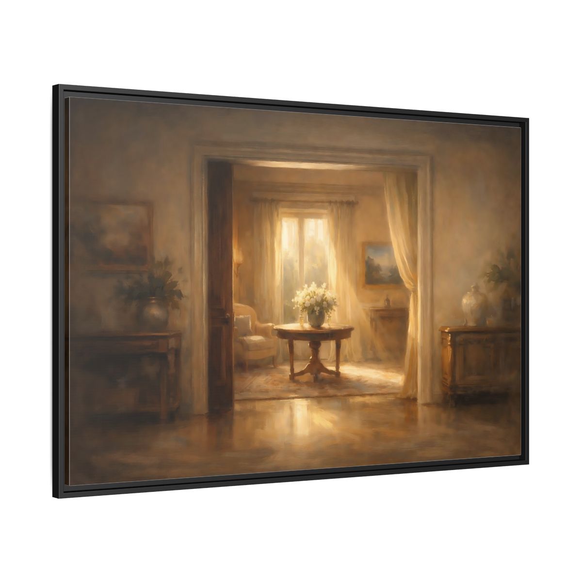 Side Mockup 12. Vintage Floral Arrangement Golden Interior shown as stretched canvas wall art