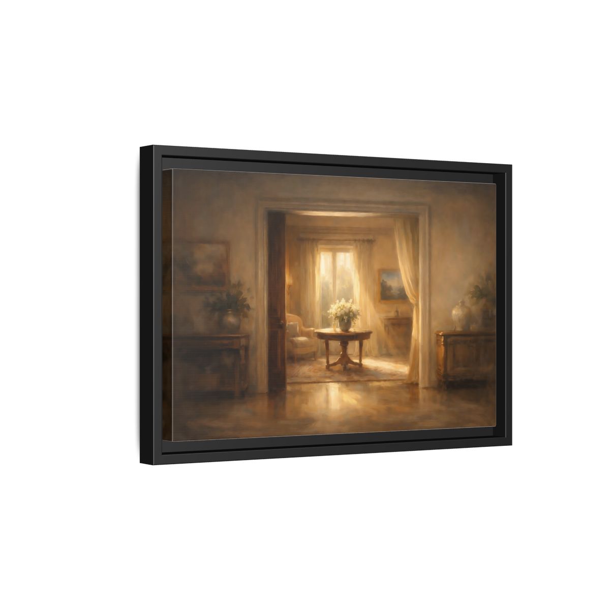 Side Mockup 6. Vintage Floral Arrangement Golden Interior shown as stretched canvas wall art