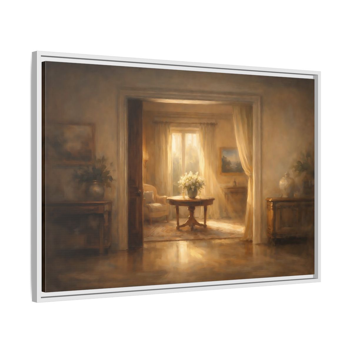 Side Mockup 8. Vintage Floral Arrangement Golden Interior shown as stretched canvas wall art