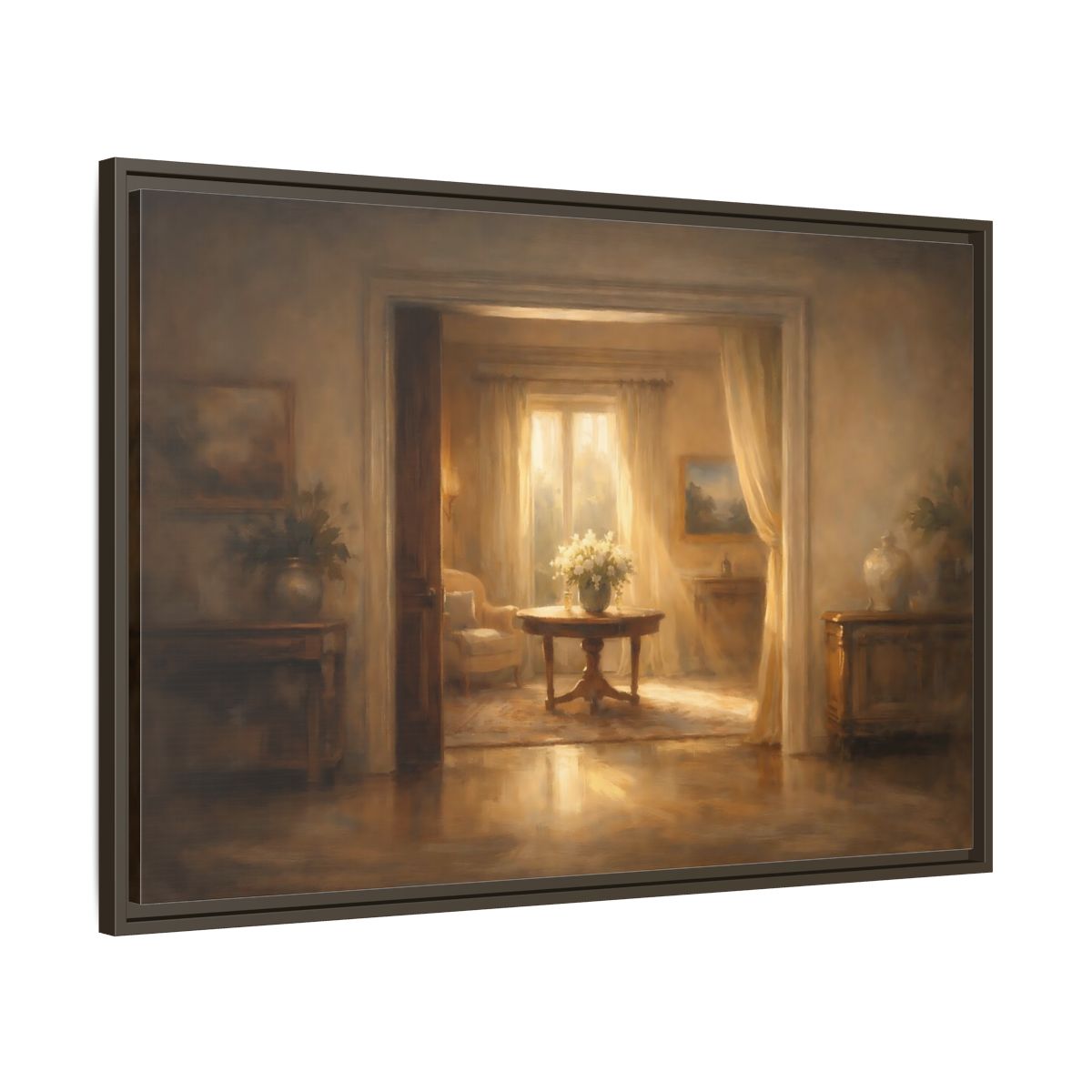 Side Mockup 9. Vintage Floral Arrangement Golden Interior shown as stretched canvas wall art
