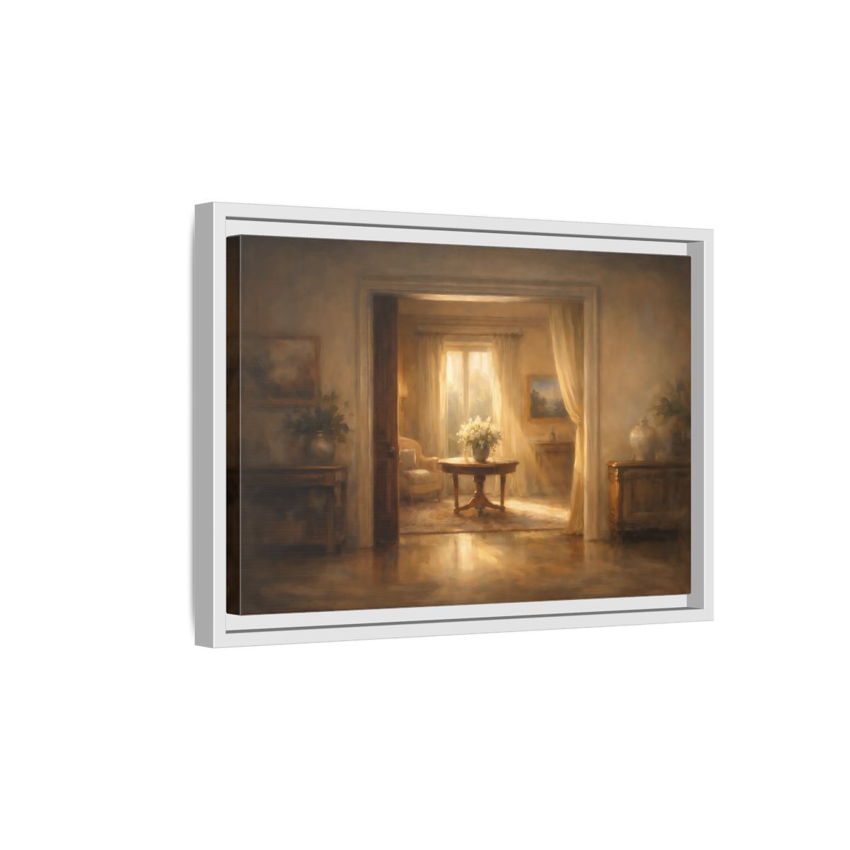 Side Mockup 4. Vintage Floral Arrangement Golden Interior shown as stretched canvas wall art