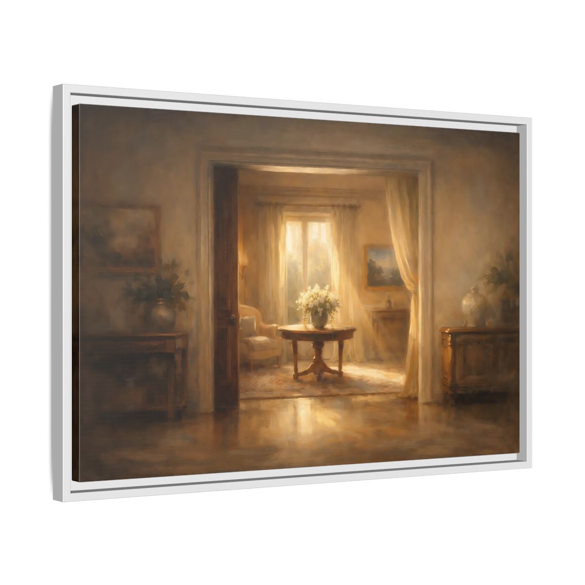 Side Mockup 10. Vintage Floral Arrangement Golden Interior shown as stretched canvas wall art