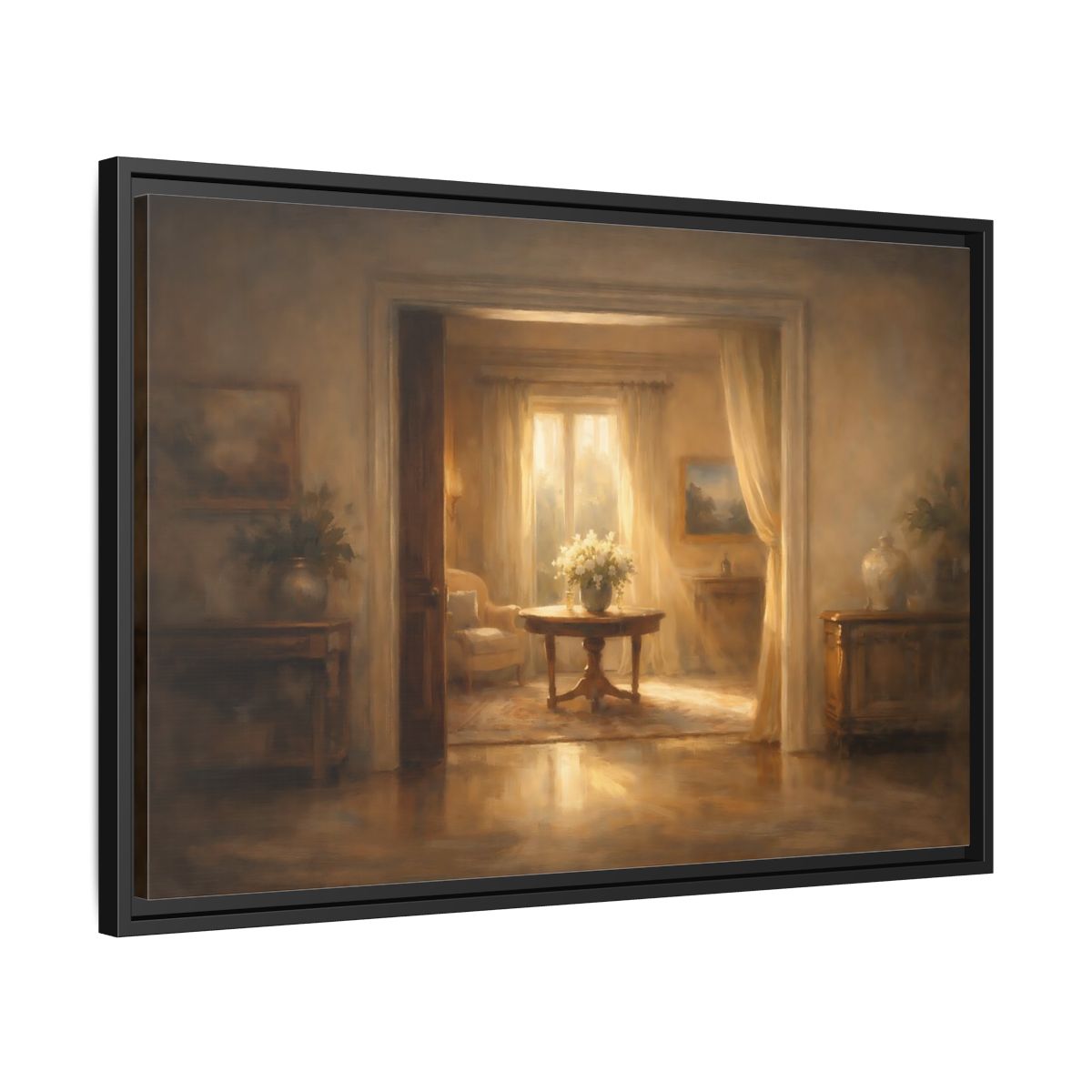Side Mockup 14. Vintage Floral Arrangement Golden Interior shown as stretched canvas wall art