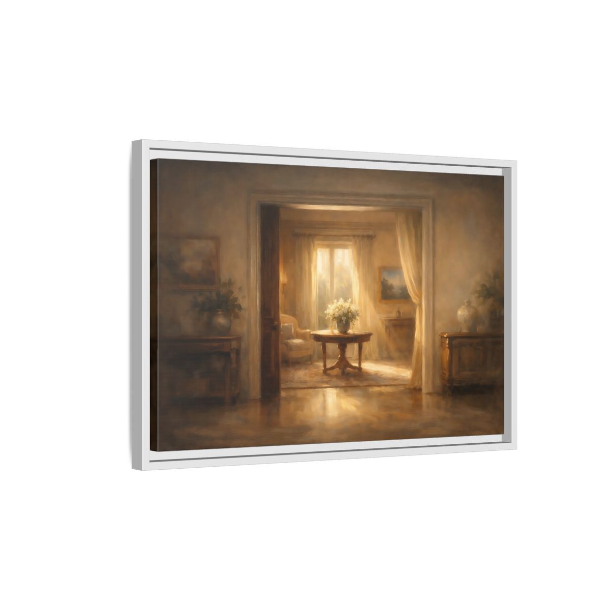 Side Mockup 1. Vintage Floral Arrangement Golden Interior shown as stretched canvas wall art