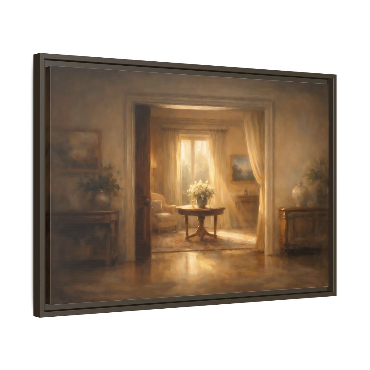 Side Mockup 11. Vintage Floral Arrangement Golden Interior shown as stretched canvas wall art