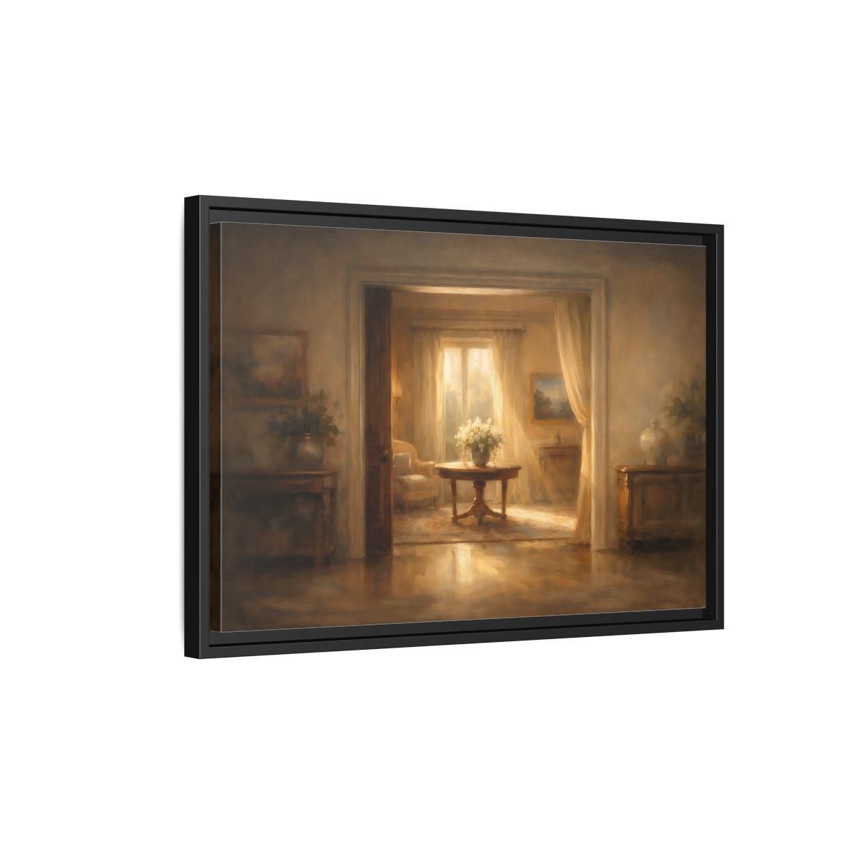 Side Mockup 3. Vintage Floral Arrangement Golden Interior shown as stretched canvas wall art