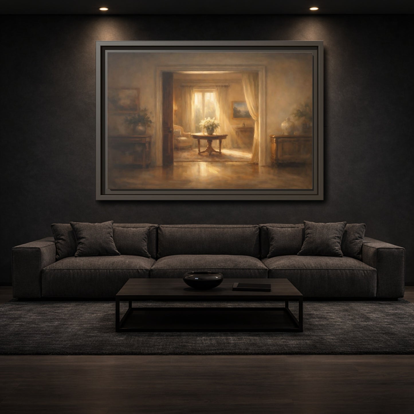 Mockup 2. Vintage Floral Arrangement Golden Interior shown as stretched canvas wall art