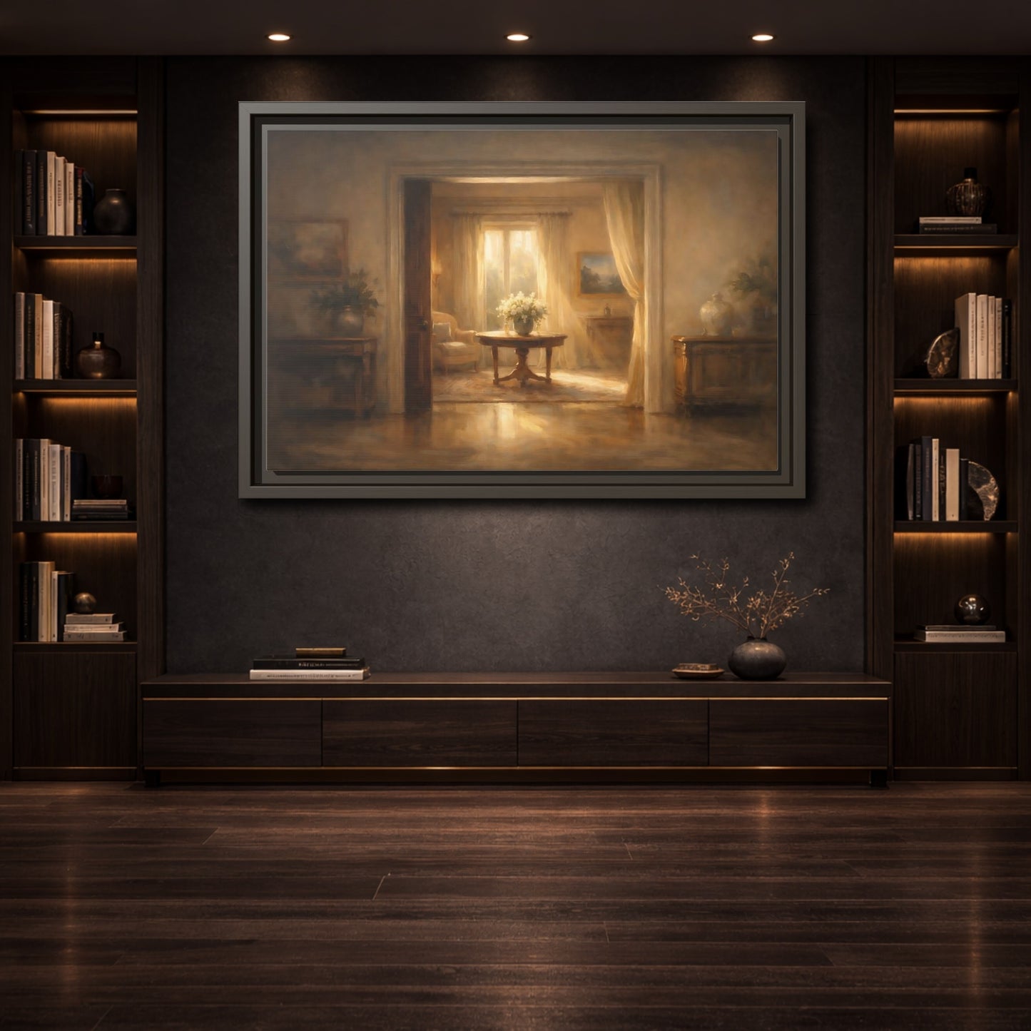Mockup 3. Vintage Floral Arrangement Golden Interior shown as stretched canvas wall art