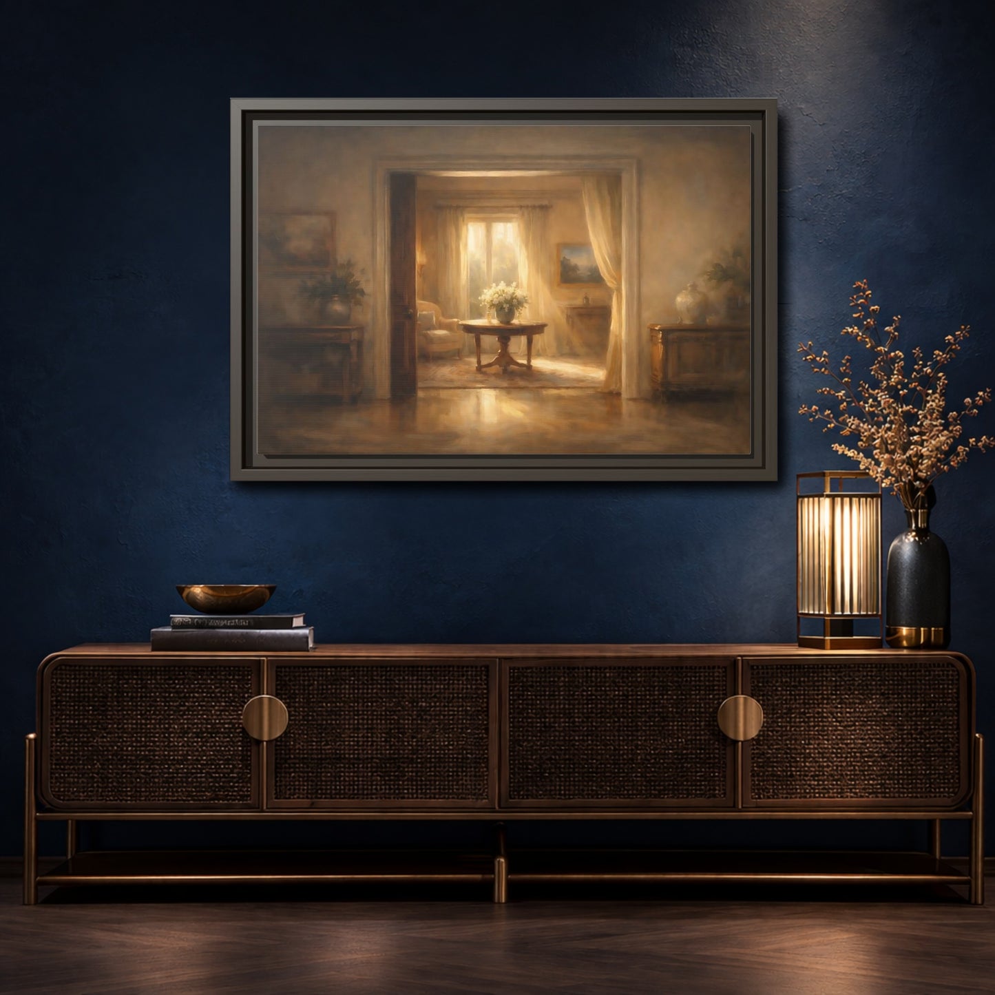 Mockup 4. Vintage Floral Arrangement Golden Interior shown as stretched canvas wall art