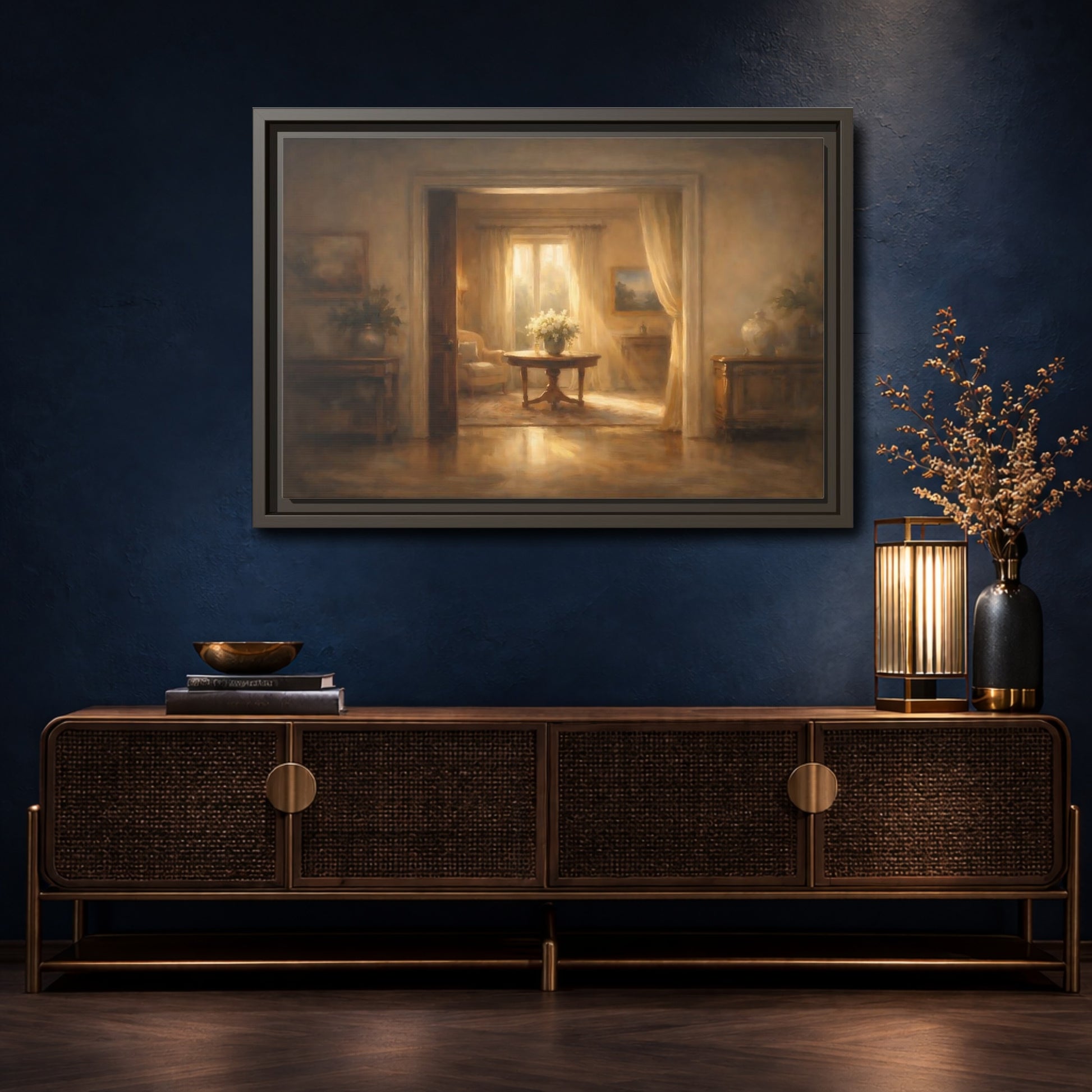 Mockup 4. Vintage Floral Arrangement Golden Interior shown as stretched canvas wall art