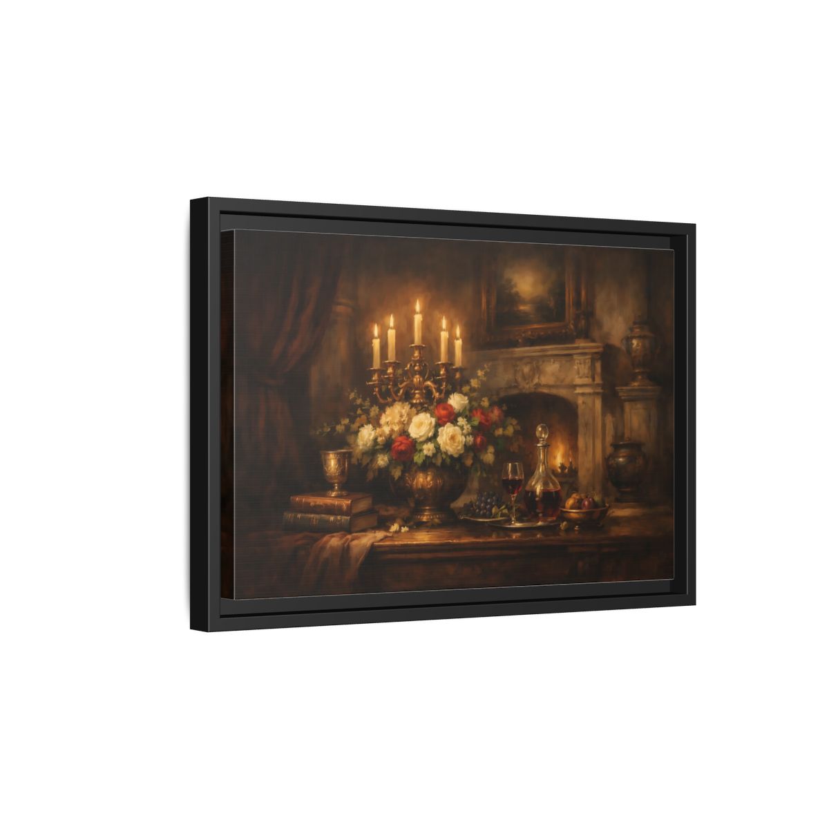 Side Mockup 6. Vintage Floral Arrangement Warm Vintage Still Life shown as stretched canvas wall art