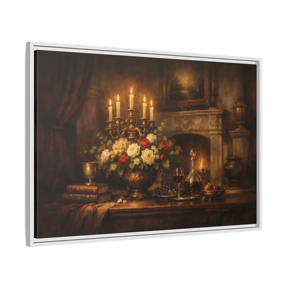 Side Mockup 8. Vintage Floral Arrangement Warm Vintage Still Life shown as stretched canvas wall art
