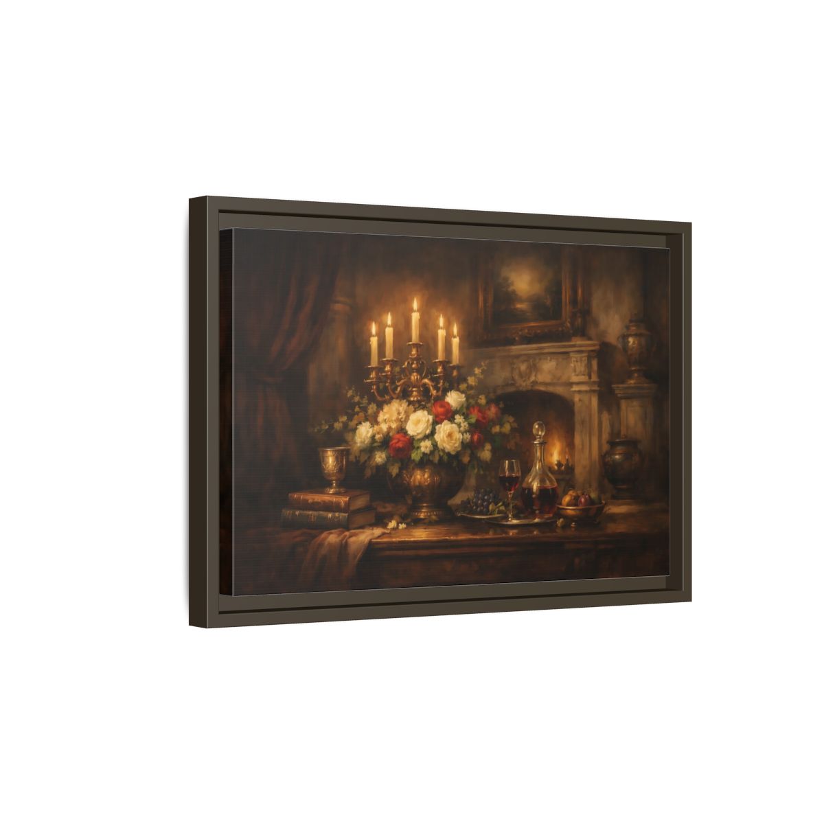 Side Mockup 5. Vintage Floral Arrangement Warm Vintage Still Life shown as stretched canvas wall art