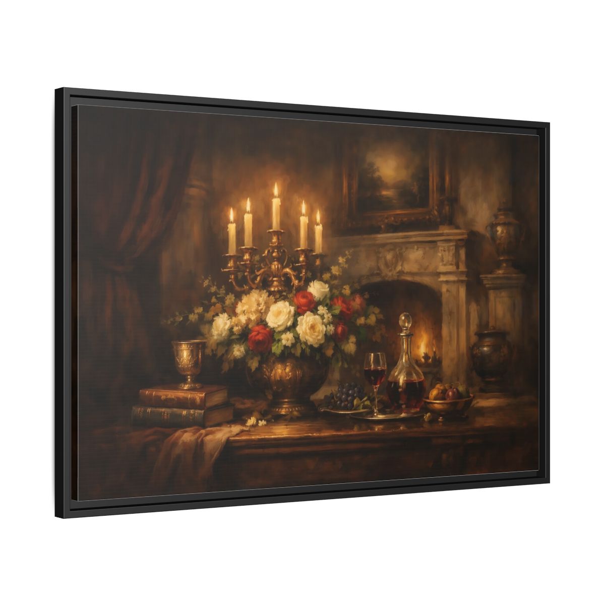 Side Mockup 13. Vintage Floral Arrangement Warm Vintage Still Life shown as stretched canvas wall art