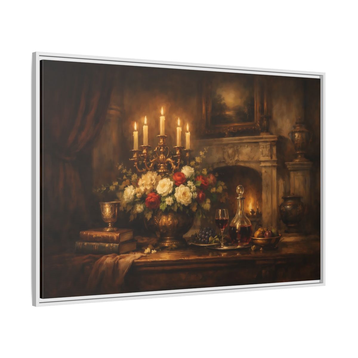 Side Mockup 7. Vintage Floral Arrangement Warm Vintage Still Life shown as stretched canvas wall art