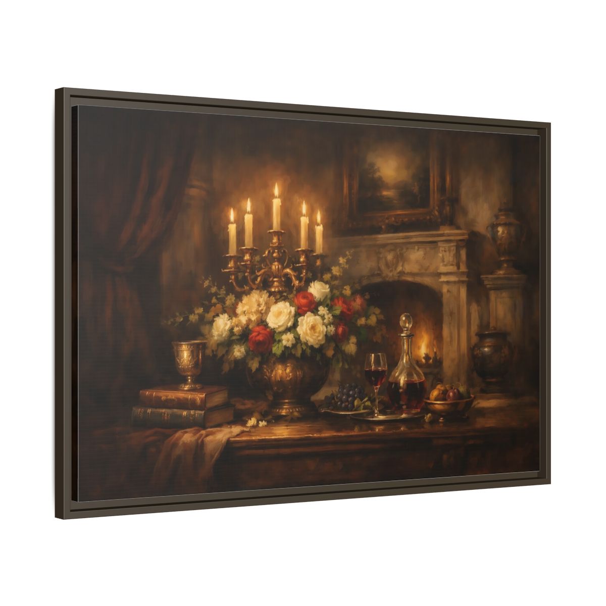 Side Mockup 9. Vintage Floral Arrangement Warm Vintage Still Life shown as stretched canvas wall art