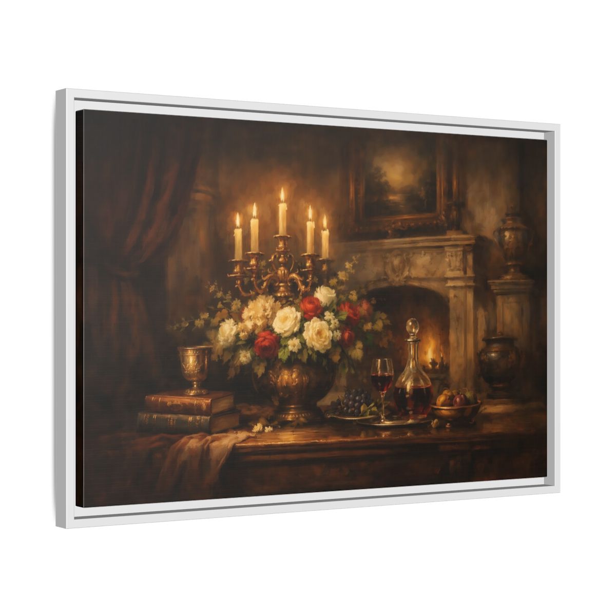 Side Mockup 10. Vintage Floral Arrangement Warm Vintage Still Life shown as stretched canvas wall art