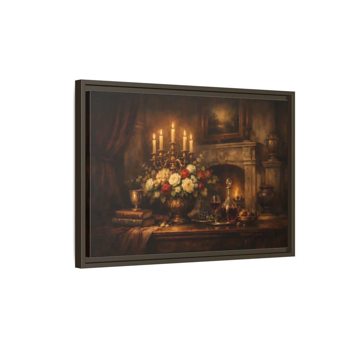 Side Mockup 2. Vintage Floral Arrangement Warm Vintage Still Life shown as stretched canvas wall art