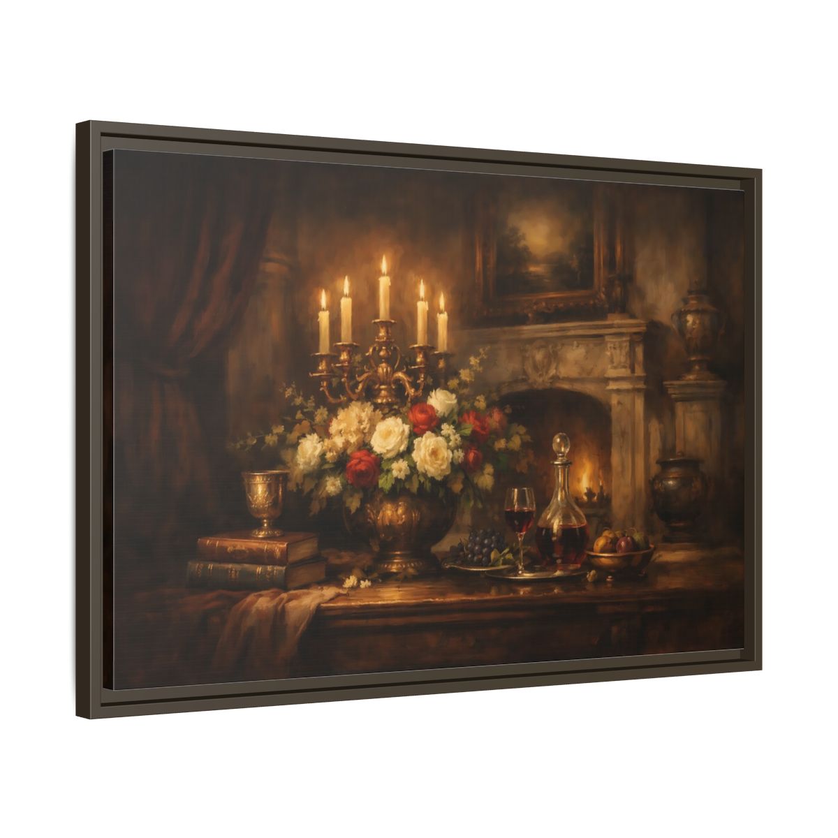 Side Mockup 11. Vintage Floral Arrangement Warm Vintage Still Life shown as stretched canvas wall art