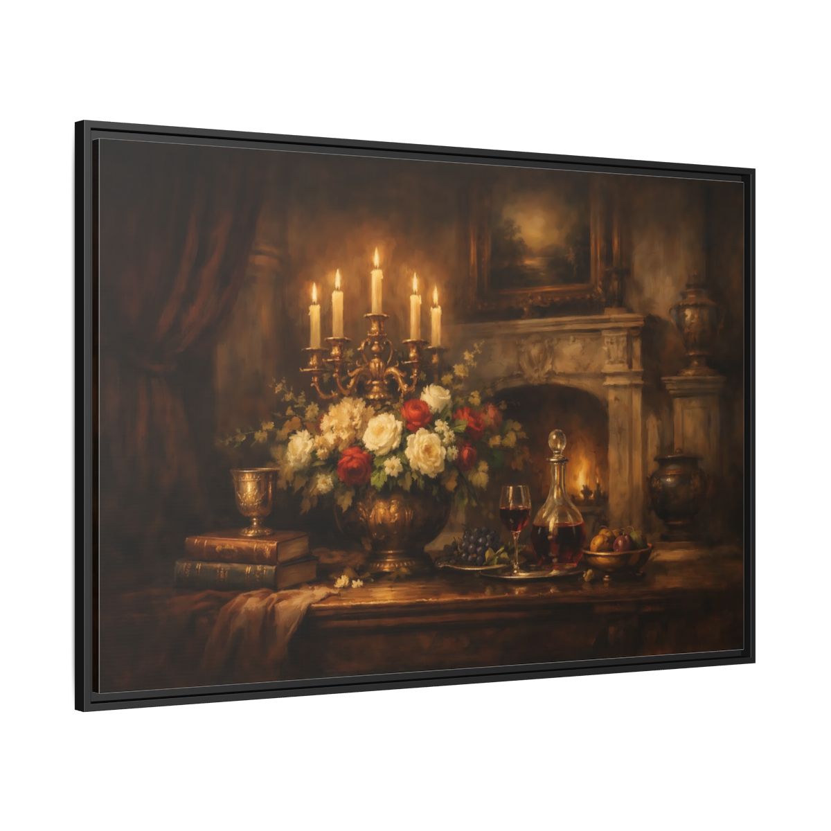 Side Mockup 12. Vintage Floral Arrangement Warm Vintage Still Life shown as stretched canvas wall art