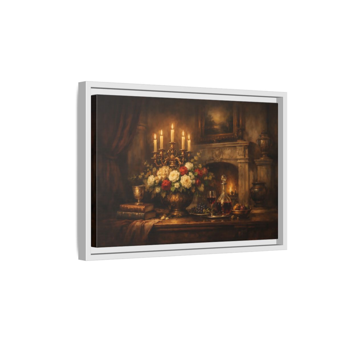 Side Mockup 4. Vintage Floral Arrangement Warm Vintage Still Life shown as stretched canvas wall art