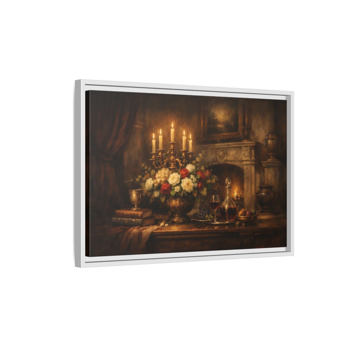Side Mockup 1. Vintage Floral Arrangement Warm Vintage Still Life shown as stretched canvas wall art