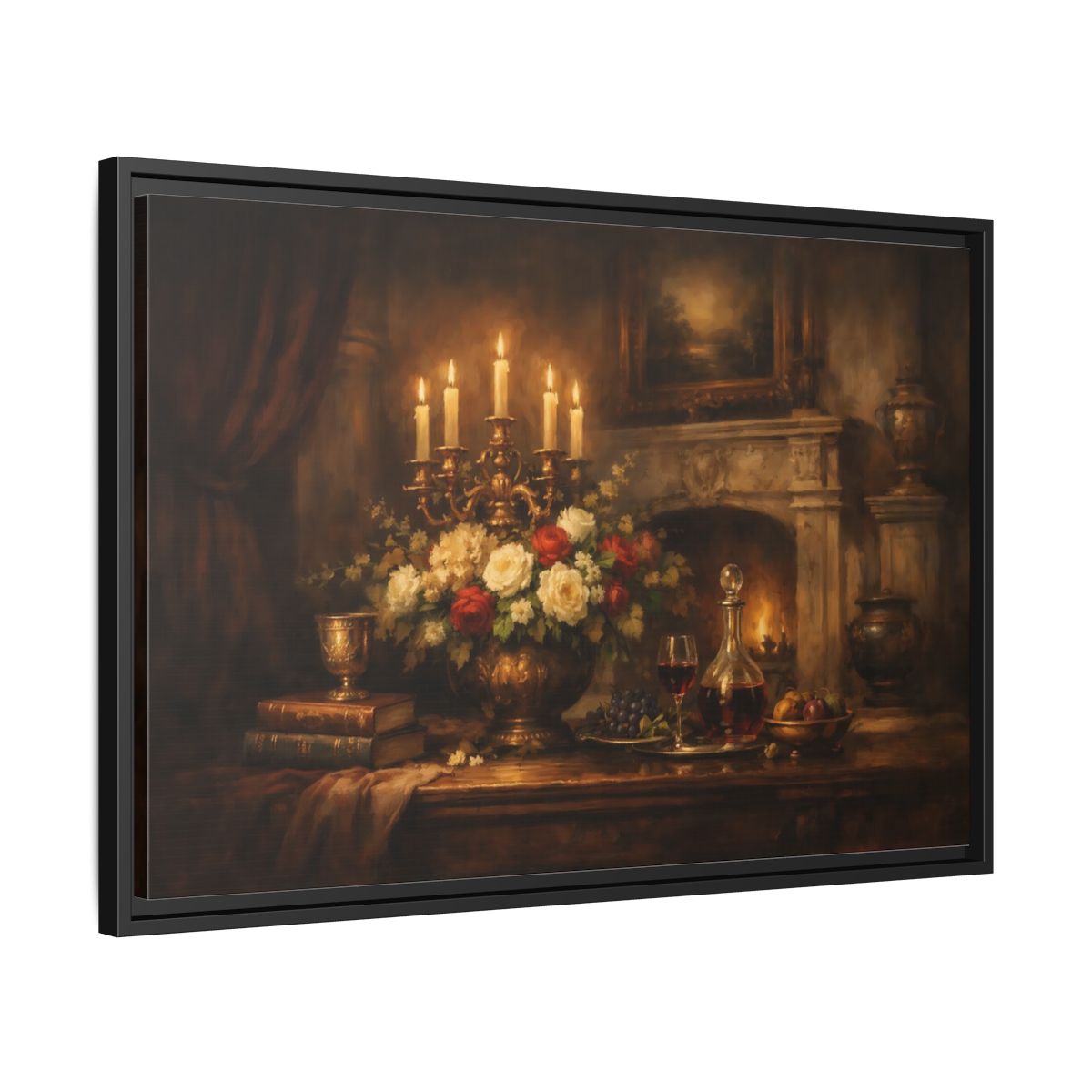 Side Mockup 14. Vintage Floral Arrangement Warm Vintage Still Life shown as stretched canvas wall art