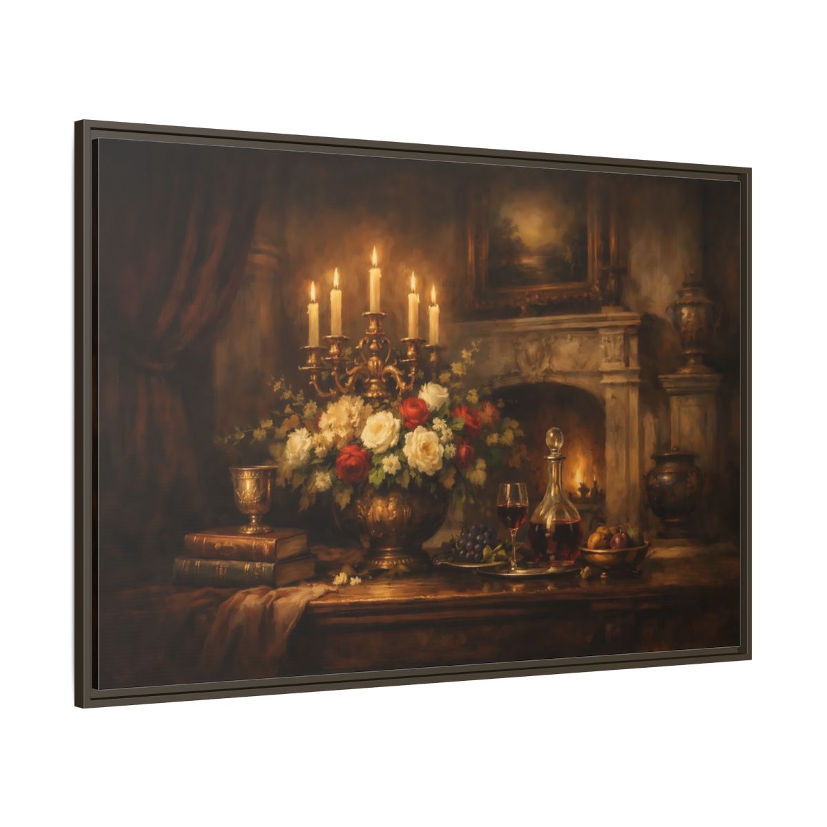 Main Mockup. Vintage Floral Arrangement Warm Vintage Still Life shown as stretched canvas wall art