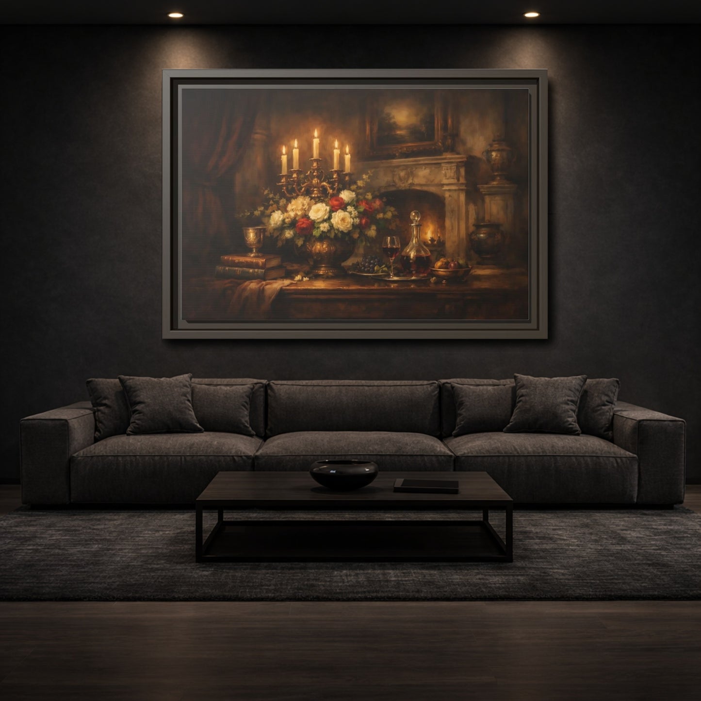 Mockup 2. Vintage Floral Arrangement Warm Vintage Still Life shown as stretched canvas wall art