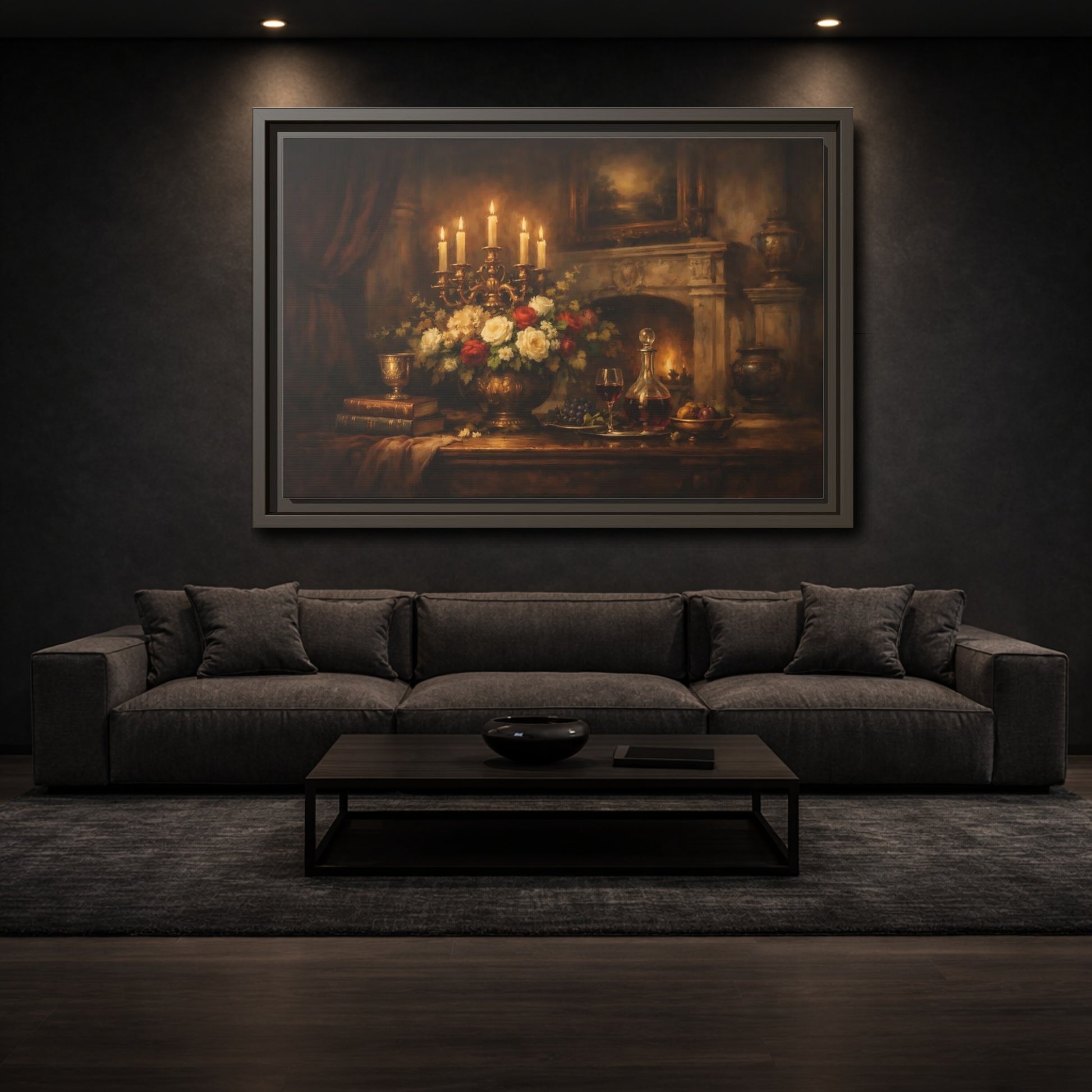 Mockup 2. Vintage Floral Arrangement Warm Vintage Still Life shown as stretched canvas wall art