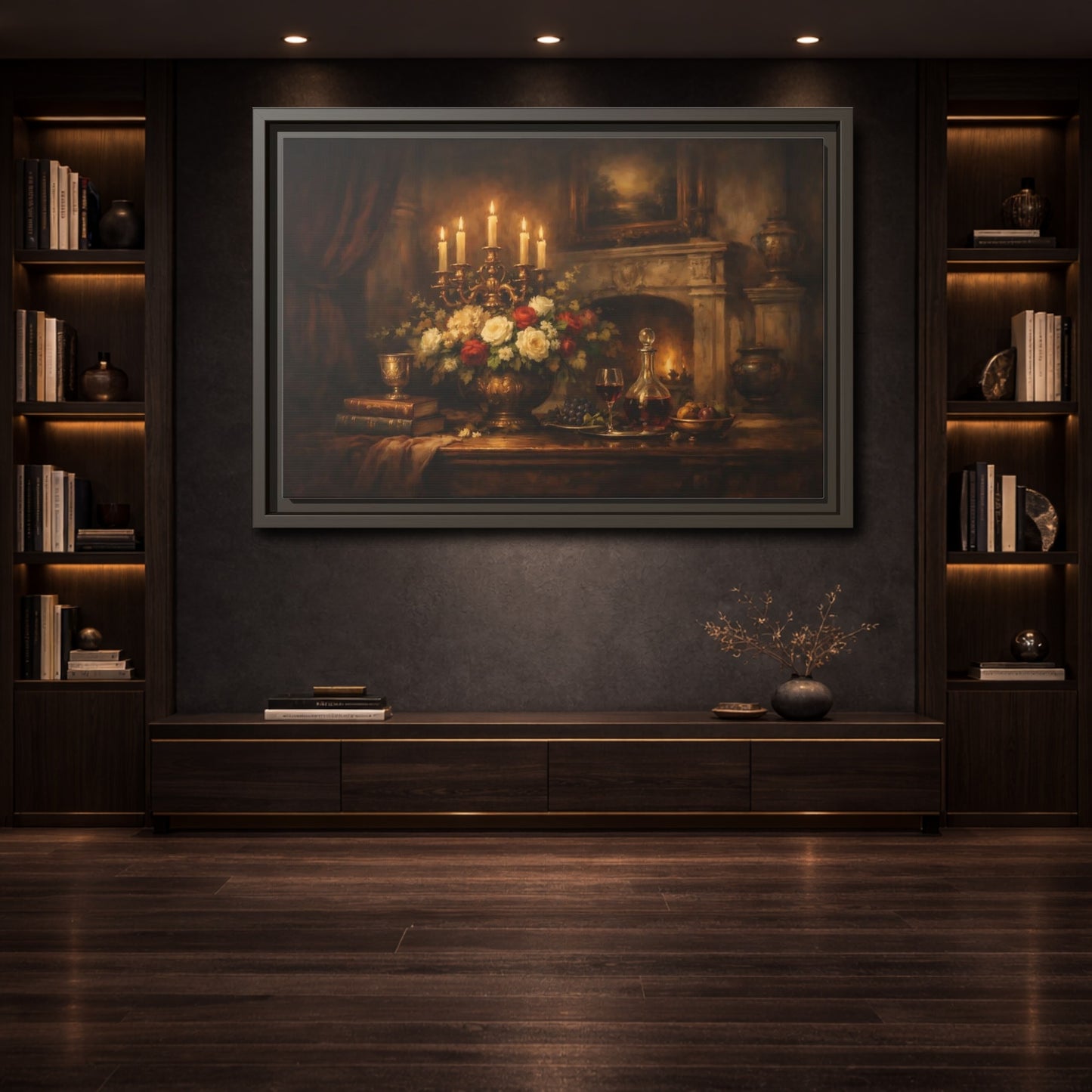 Mockup 3. Vintage Floral Arrangement Warm Vintage Still Life shown as stretched canvas wall art