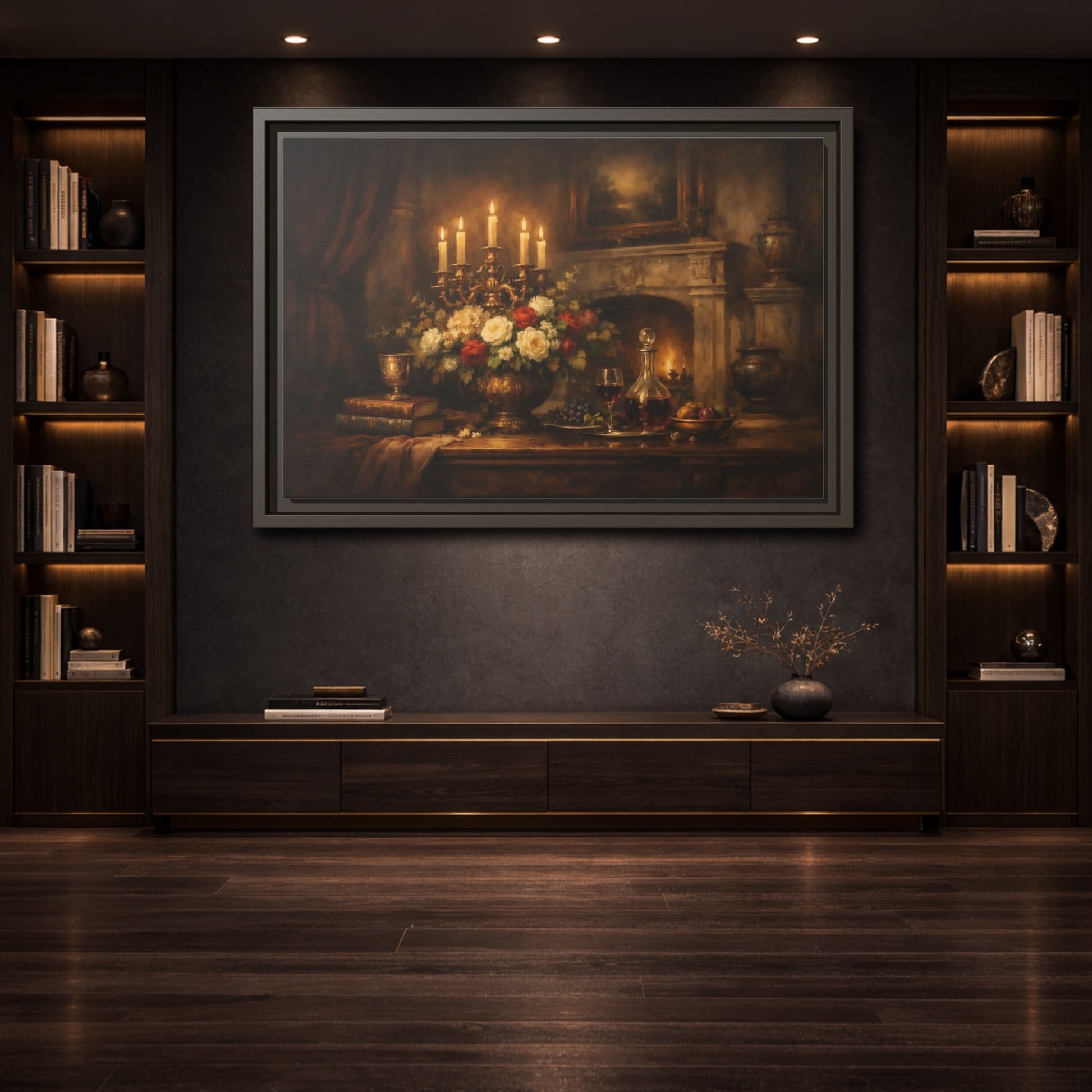 Mockup 3. Vintage Floral Arrangement Warm Vintage Still Life shown as stretched canvas wall art