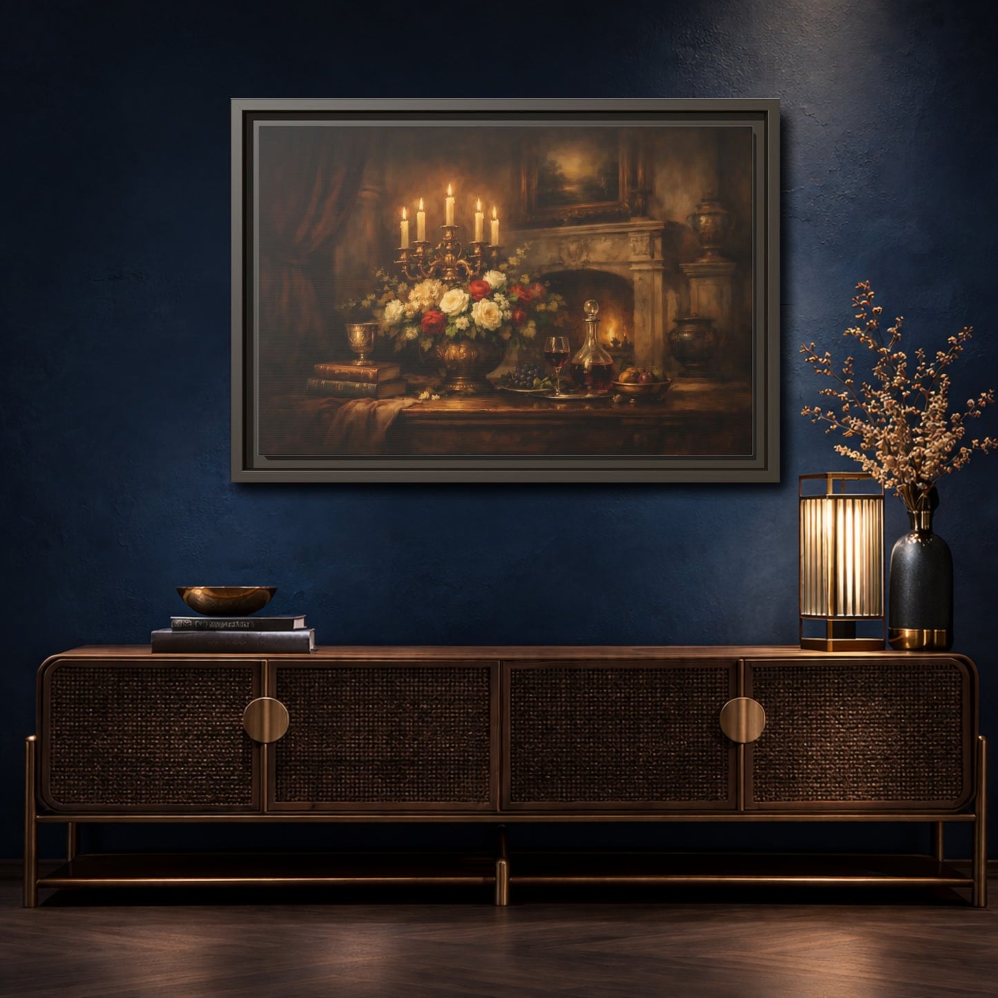 Mockup 4. Vintage Floral Arrangement Warm Vintage Still Life shown as stretched canvas wall art